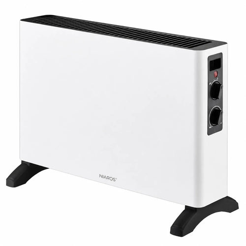Convectorkachel 2000W in wit, zijaanzicht met thermostaatknoppen