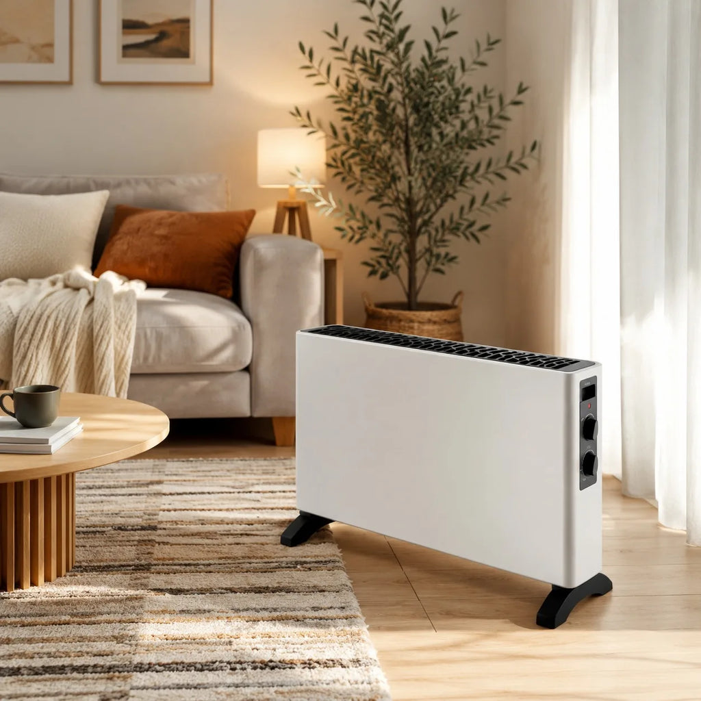 Convectorkachel 2000W in wit, vrijstaand in een woonkamer